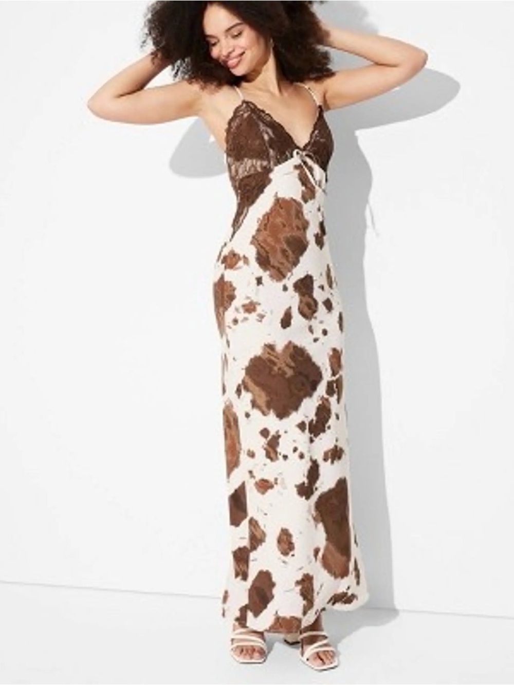 wild fable Brown and White Cow-Print Lace-Trim Maxi Dress